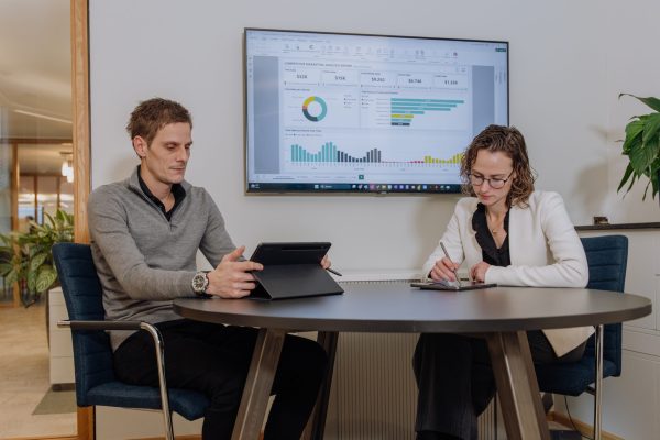 2 personen overleggen aan vergadertafel met tablets, voor scherm met marketingdashboard vol grafieken en verkoopdata.